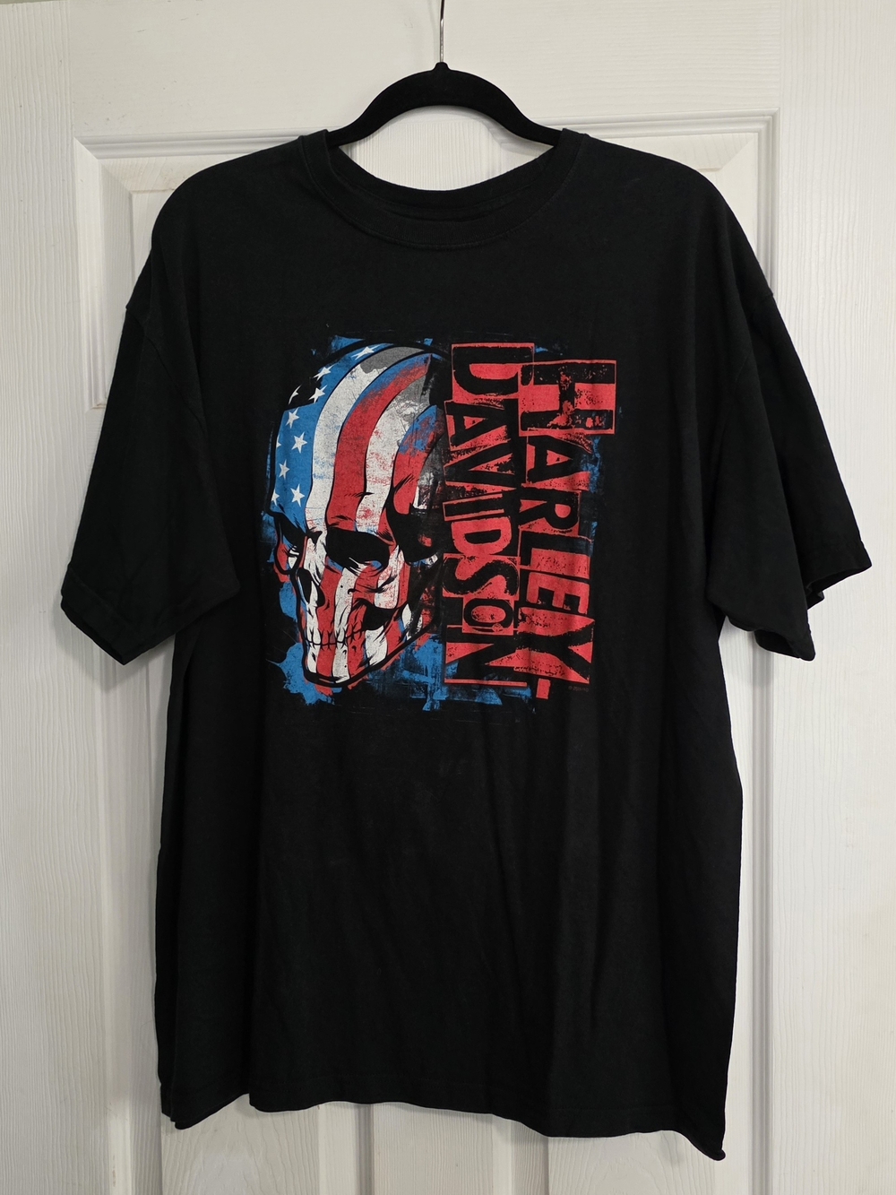 McGrath Harley-Davidson Black Short-Sleeve Tee with American Flag Skull Graphic